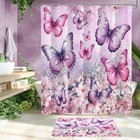 4 Pcs  Shower Curtain Set Butterfly With Rugs Pink Purple Bathroom Set