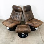 Mid Century Modern Lounge Chairs Swivel Brown Leather Chrome Italian Set Danish