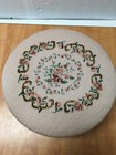 Vintage Needlepoint Round Footstool Wood 14  X 8  Tall
