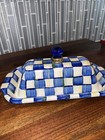 Mckenzie-childs Butter Box Dish Royal Check Blue Enamel Glass Knob Kitchenware