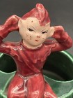 Vtg  Gilner   Red Pixie Elf Bud Vase Sitting On Tree Stump Ceramic Trinket Dish