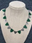 Beautiful Vtg Art Deco Green Glass Silver Tone Necklace