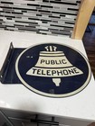 Vintage Porcelain Enamel Bell Public Telephone Double Sided Sign 