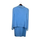 St John Collection Blazer Skirt Suit Baby Blue Fringed Trim Gold Buttons Classic