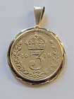 Sterling Silver   3 Pence Coin Pendant   Nice Set British Antique 1918   Vintage