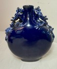 Vintage Handmade Chinese Cobalt Blue Moon Dragon Porcelain Pottery Figural Vase