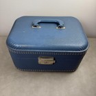 Vintage Blue Vinyl Train Case Vanity Cosmetic Makeup Box Mirror Lock Keys Lining