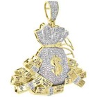 10k Yellow Gold Fn Diamond Money Bag 100 Dollar Stacks Pendant 1 85  Charm 1 Ct 