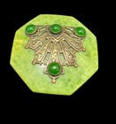 Belt Buckle Art Deco Green Celluloid Brass Ornate Round Glass Cabochons Vintage 