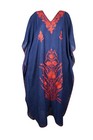 Navy Blue Kaftan Dress With Coral Red Floral Embroidery Boho Maxi Caftan L-2xl