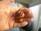 Hand Carved Netsuke Fisherman With Thick Coat   Fish On His Back Boxwood Figure