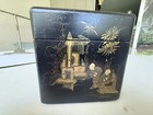 Antique Asian  Lacquer Wood Tea Caddy Box Hinged Top Figures Temple Gdn Look  
