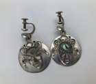 Mexico Aztec Warrior Face Mask Carved Abalone Sterling Silver Screwback Earrings