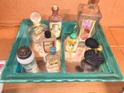 Vintage Glass Bottles tins  Vanity perfume nice Labels   Shelf With Mirror Lot