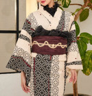 Japanese Summer Kimono Yukata Robe Monochrome Cloisonne Pattern Obi Set Women s