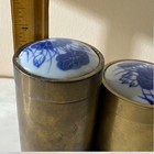 Vintage Set Round Brass Snuff Tobacco Containers Blue   White Porcelain Lid 