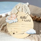 Baby Announcement Sign - Hello World  Wooden  Bear Blue  Boys Or Girls