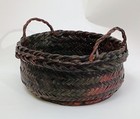 Vintage Japanese Ikebana Basket Handwoven Bamboo Rich Red Green Twisted Handles