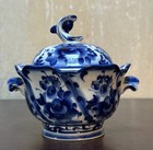 Unique Vintage Gzhel Sugar Bowl  Hand Painted Porcelain  Handmade