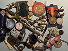 Old Junk Drawer Lot Advertising Premiums Tokens Jewelry Watches Pins Metal Items