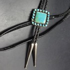 Vintage Bolo Tie Sterling Silver Turquoise Black Leather Cord Heavy 925 Tips