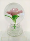 Glass Pedestal Paperweight White Confetti Base Pink Flower   Green Leaves 5 
