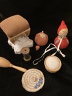 Lot Antique Vintage Sewing Items Pin Cushion Measuring Tape Spool Needle Case Et