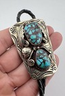  1 Vintage Navajo Nickel Silver Blue Spiderweb Turquoise Stamped Bolo Tie 2 25 