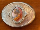 Vintage Western Belt Buckle With Tiger Iron Jasper Gemstone Silver Tone Cowboys