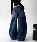 Women s Retro Blue Denim Jeans Wide Leg Loose Fit Casual Punk Pants Trousers New