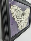 Vintage Framed Hand-crocheted Butterfly Doily White On Purple Background Unique 
