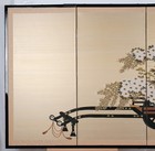 1970s Japanese Byobu Flower Cart Embellished Print 4-panel Folding Screen Vg 