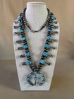 Vtg Navajo Squash Blossom Turquoise Sterling Silver 925 Necklace 35    110 Grams