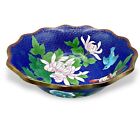 Antique Japanese Cloisonn   Bowl Blue Multi Floral Bird Scalloped Brass 2-sided