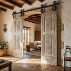 Vintage Barn Door Sunburst Carved Solid Wood Sliding Barn Door 96x27