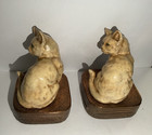 Bronze Clad Art Statue Sculpture Book Bookends White Cat Kitten Green Eyes