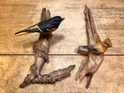 Set Of 2 Hand Carved   Painted Bird Folk Art On Driftwood Branches-wall Hanging
