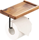 Black Toilet Paper Holder Bathroom Roll With Storage Shelf Wooden Tissue Wall