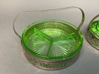 2 Vintage Green Depression Glass Divided Serving Dish Chrome Metal Holders