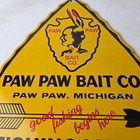 Vintage Paw Paw Bait Co Porcelain Sign - Fishing Lures Arrowhead Advertising