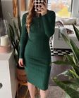 Womens 2024 V Neck Ribbed Sweater Dress Long Sleeve Bodycon Knit Xl Dark Green