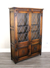 English Antique Oak Leaded Glass Bookcase   Display Cabinet