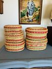 Vintage Set Of 4 Nesting Wicker Basket With Lids Red And Green Design Oval Shape