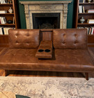 Mid-century Modern Futon Sofa Bed Faux Leather Couch Convertible W 2 Cup Holders