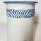 Pottery Hand Thrown Utensil Holder  White And Blue  Marked Near Base  Texture