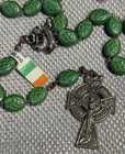 Vintage Green Oval Shamrock Bead Rosary Irish Celtic Cross From Ireland         