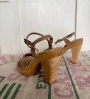 Vtg 90s Does 70s Delicious Tan Suede Wooden High Heel Disco Shoes Women   s 6