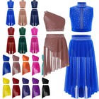 Us  Girls Ballet Lyrical Dance Costumes Shiny Rhinestones Crop Top With Skirted