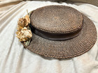 Antique Flat Brown Straw Pork Pie Hat W Ribbon   Flower Trim