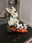 Vintage Majolica Glazed Pottery Bunny Rabbit 11   x 11    W babies Carrot Large